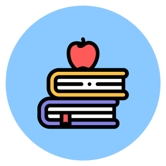 Icon für Bildungsbereiche: Ein Stapel Bücher mit einem roten Apfel obenauf vor einem blauen Kreis.