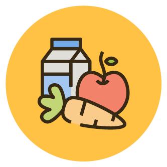 Icon für gesunde Ernährung: Eine Illustration mit einer Milchpackung, einer Karotte und einem Apfel auf gelbem Kreis.
