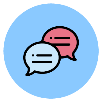 Zwei gezeichnete Sprechblasen in Rosa und Hellblau auf blauem Kreis.